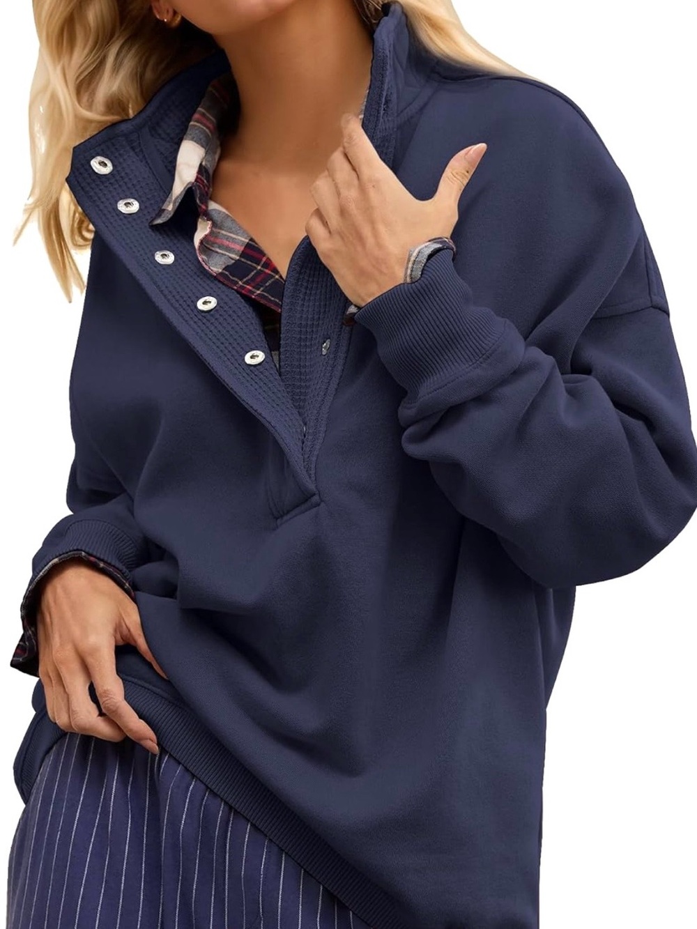 NWT Gacaky Navy Henley Collar Snap Front Oversized Pullover Sweatshirt Women's L